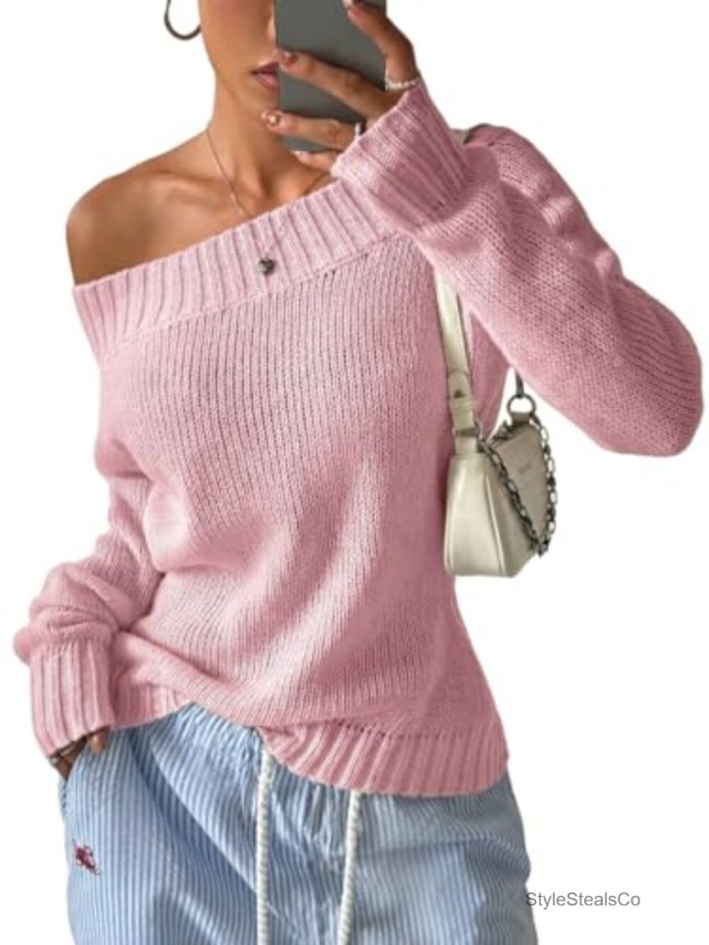 Womens Off Shoulder Sweater Loose Boat Neck Polyester Knit Pullover Top